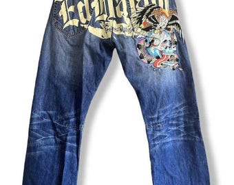 Rare Vintage Don Ed Hardy by Christian Audigier Embroidered Wide leg Blue Denim Buggy Jeans, US size 34