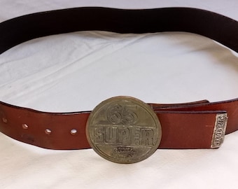 SUPERDRY Vintage Heavy Leather Trophy Belt ft Large Round Bronze/Brass Statement Buckle, size 100 / 40 in.