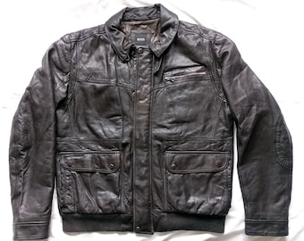 Vintage 90s BOSS Hugo Boss GINNOM Dark Brown Lamb Leather Bomber Jacket, Size 56 / XL