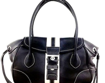 PRADA Black Tessuto Buffalo Leather Vitello Daino Stripe Handbag, Made in Italy, size 34/22/13