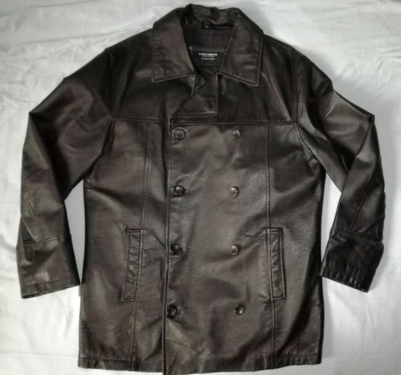 Black leather store reefer jacket