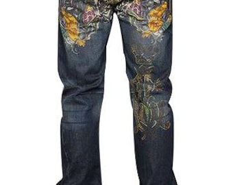Rare Vintage 90s Don Ed Hardy by Christian Audigier Denim Embroidered Wide leg Blue Buggy Jeans, US size 38 / 34