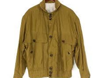Hugo Boss Vintage 90s Wallstreet Linen Khaki Army Green Bomber Jacket, Cotton Lining, Size 106 / 2XL