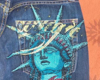 Rare Y2K Christian Audigier Statue of Liberty Swarowski Embroidered Wide leg Blue Denim Buggy Jeans, US size 30 / 34