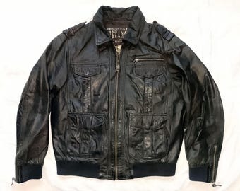 Vtg MUSTANG Black Bomber GEORGIE Style, Rind Nappa Leather Zipped Jacket, Epaulettes, size L