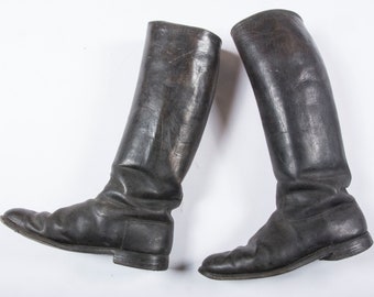 WW2 Red Army Long Marching Boots with Cymbals, USSR Old Vintage Hard Black Leather Jackboots, size 43