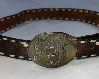 Cintos Imperial 90s Western Brown Cowhide Leather Belt, Gold Metal Eagle Buckle, size 36