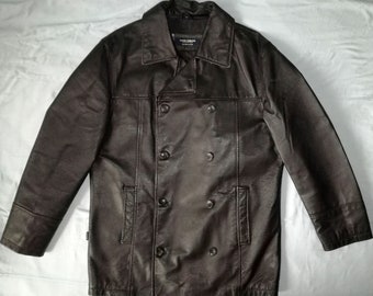 TOM TAILOR Leatherwear 5553 Classic Double-breasted zwart leren "reefer coat" peacoat, Amerikaanse maat S / Int M