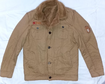 Outdoor Fashion Hornet by Yi Jian Mei, Sherpa Lined Brown Cotton Western Standard Trucker Jean Jacket, size M