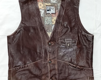ANYWAY Italy Vintage kowbojska kamizelka motocyklowa w stylu western z lat 70. w kolorze czekoladowego brązu z przetarciami, rozmiar XL