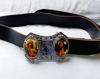 Vintage 90s Large Orthodox Religious Silver Chrome Belt Buckle The Sacred Heart of Jesus & Mary, Black Leather Belt Made in USA, size 34