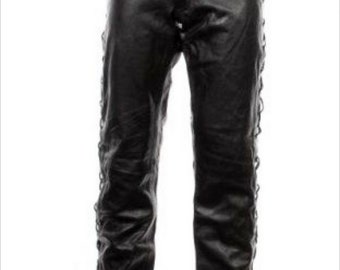 C&A Germany Side Laced Up Motorcycle Biker Chopper Rockabilly Black Heavy Cowhide Leather Riding Trousers Pants, US size 33 / 32
