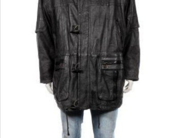 MADDOX Retro Hooded Duffle Coat in U-boat Style Heavy Leather Dark Gray Padded Zipped Parka, US size 50 / XXL