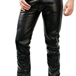 May include: Black leather pants with a slim fit and a straight leg. The pants have a zipper fly and belt loops.