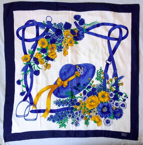 GUCCI Paris RARE Blue Hat Silk Scarf Flowers Design Authentic