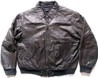 GANT American Classic Aviator Civilian Flight Jacket, Vintage 90s Type MA-1 Black Leather Bomber, size XL