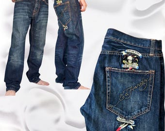 Vintage 90s Don Ed Hardy by Christian Audigier Denim Wide leg Blue Buggy Jeans, US size 42 / 34