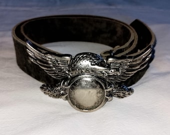 Vintage 80s "Austrian Eagle" (double eagle) German Western Leather Belt, Antique Silver Tone Metal Buckle, FRONHOFER, size 100 / 38