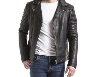 Chaqueta de cuero de oveja negra con cremallera y doble botonadura, entallada, para motociclista, estilo rockero, chopper y motorista, de Wellford Varus, color azul, talla L