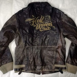 REPLAY Vintage Hell Driver's Club Gammal 70-tals sliten brun läderbomberjacka, storlek S