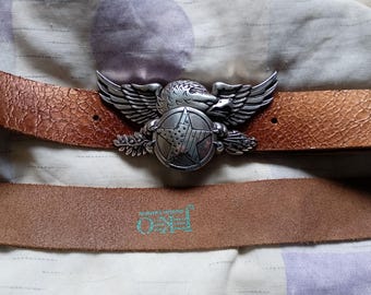 Vintage 90s "Austrian Eagle" (double eagle) German Western Leather Belt, Antique Silver Tone Metal Buckle, size XL / 95 / 38