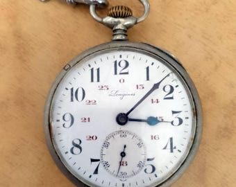 1928 LONGINES Railroad Unique Rare Swiss Made Working Antique Pocket Watch, Steam Locomotive Relief, Caliber 19.71N, 15 jewels, size 48 mm.