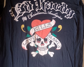 Don Ed Hardy By Christian Augier Y2K Authentic Vintage Love Kills Slowly Graphic Black Cotton Long-sleeve T-shirt, Made in USA, size Large