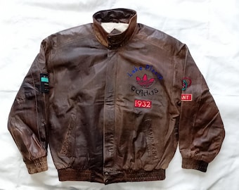 ADIDAS III Olympic Winter Games Lake Placid 1932 Vintage 90s Distressed Brown Leather Bomber Jacket, Size M