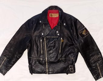 70s EWALD's Skindbekledning Brando Double Breasted Motorcycle Biker Punk Rock Black Leather Jacket, size 46 / S