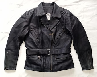 Highway 1 MC Lady's German Vintage 80s Double breasted Motorcycle Biker Cruiser Black Cowhide Leather Jacket by Louis, size 38 / L