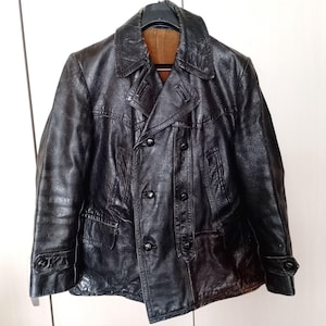 Cappotto doppiopetto in pelle nera foderato e doppiopetto della polizia militare svedese, vintage del 1956, taglia 46/M