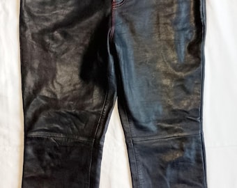 Jim & Marylou Black Rocker Biker Smooth Genuine Lamb Leather Trousers, Red Stitches, High Waisted, size 38