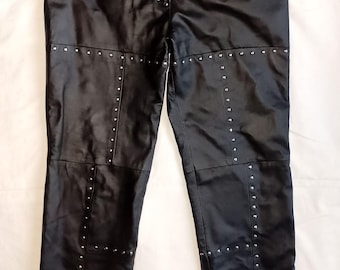 Front Line 80s Lady Studded Black Rock Biker Smooth Genuine Leather Straight Pants, German size 44 / US 14