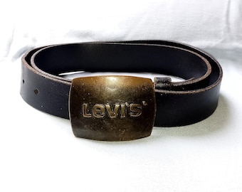 LEVI STRAUSS & Co Original Reveted Made in USA 70s Denim Cowboy Western Black Cowhide Leather Belt, size 95 / 38