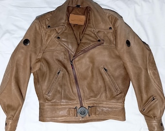 Vintage 80's SCHUH German Motorcycle Biker Rider Perfecto Style Double breasted Tan/Brown Heavy Leather Jacket, size M