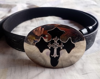 Vintage 80s Large Religious Silver Chrome Oval Belt Buckle, Black Gothic Cemetery Cross, Black Leather Belt, USA