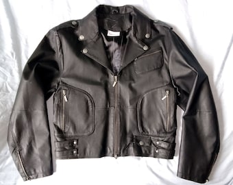 PLAYBOY Ultra Cool Rare Vintage 80s D-pockets Biker Style Rocker Black Leather Jacket, Size 46 / US 36