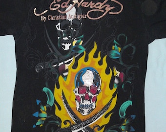 Ed Hardy Christian Augier Y2K Authentic Vintage Graphic Black Cotton T-shirt, Flaming Skull, Crossed Swords, Made in USA, Women size XXL