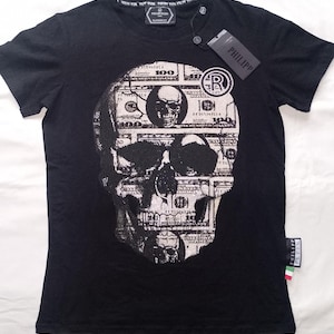 PHILIPP PLEIN Paris Platinum Cut Dollar Skull Print Logo Front Black Fitted Cotton T-Shirt Tee, Size L