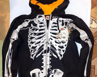 Don Ed Hardy By Christian Augier Y2K Authentic Vintage Skeleton Graphic Full-zip Hoodie Black Cotton, Made in USA, size Large