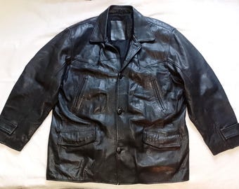 GIPSY German Single-Breasted Rare Old Naval U-Boat Heavy Black Leather Deck Jacket / Coat, DE size XXL