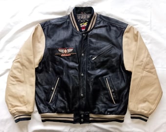Chrome Bandits MQP Biker Vintage 90s Varsity German Leather Bomber Jacket, size 2XL