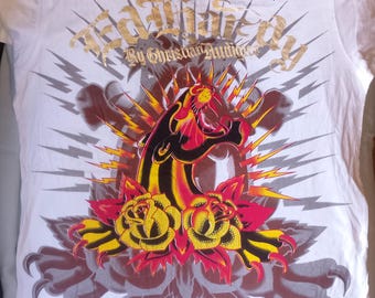 Ed Hardy by Christian Augier Y2K New Authentic Vintage "Lion & Roses" Graphic White Cotton T-shirt, Made in USA, size XL