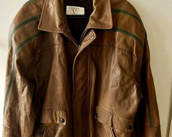 Vintage 80s Valentino Garavani Lamb Leather Bomber Jacket Olive Green Italy, IT size 52 / L