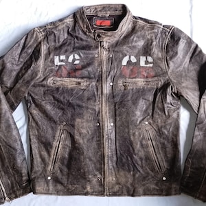 GABBA 53 GB Logotyp Framtill Distressed Läder Cafe Racer Andningsbar Motorcykel Biker Jacka Danmark, Storlek L / 42