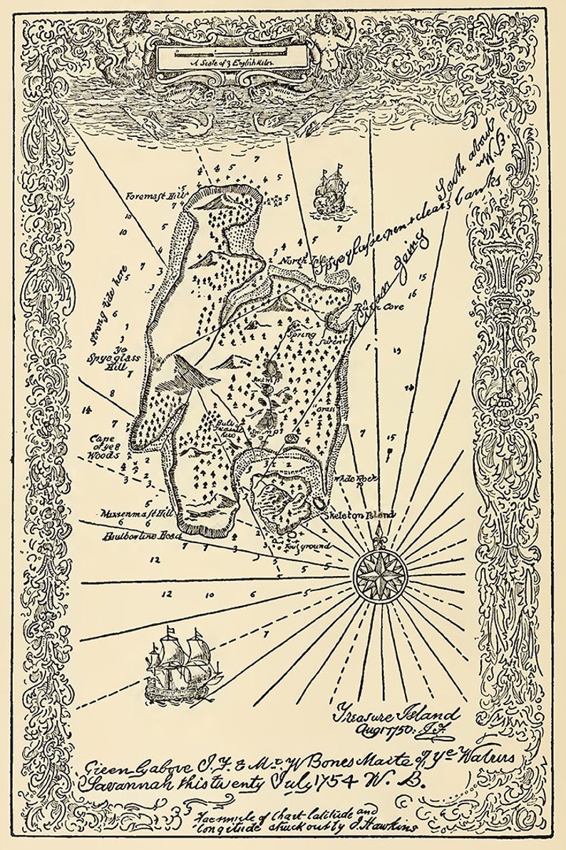 Treasure Island Map Robert Louis Balfour Stevenson Art John | Etsy