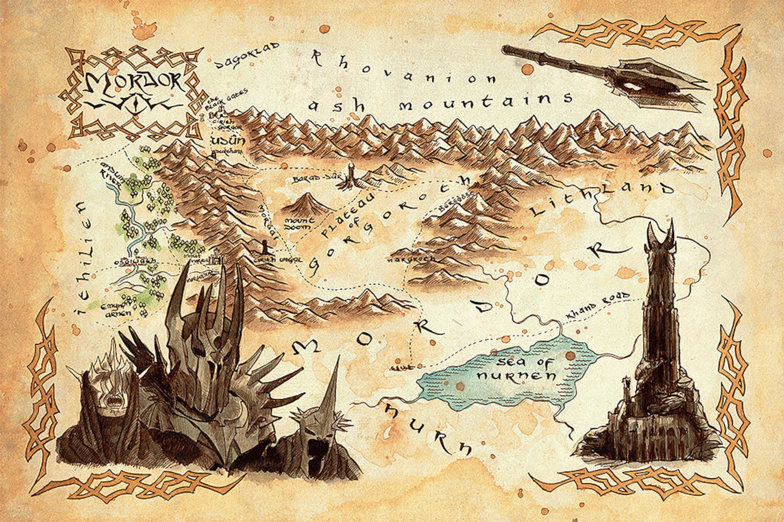 The Mordor map Tolkien map middle earth map the lord of the Etsy