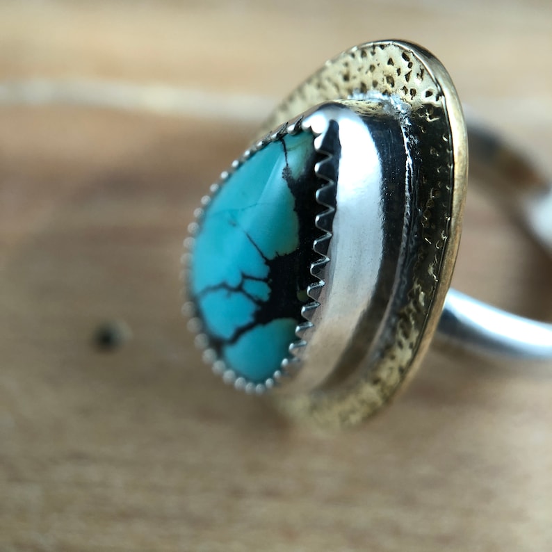Handmade in MA Turquoise Ring Hubei Turquoise Ring Turquoise Jewelry Sterling Silver Ring Mixed Metal Ring