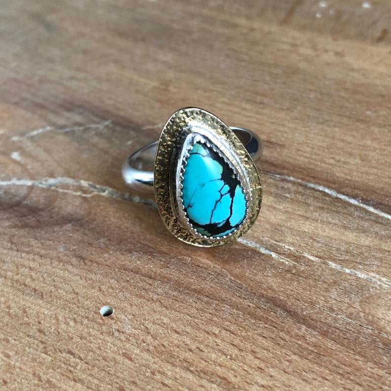 Handmade in MA Turquoise Ring Hubei Turquoise Ring Turquoise Jewelry Sterling Silver Ring Mixed Metal Ring