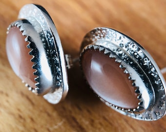 Peach Moonstone Earrings | Handmade in MA | Peach Moonstone Studs | Sterling Silver Earrings | Moonstone Studs